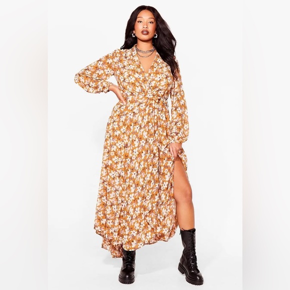 Nasty Gal Floral Long Sleeve Maxi Dress in Brown - Picture 1 of 4